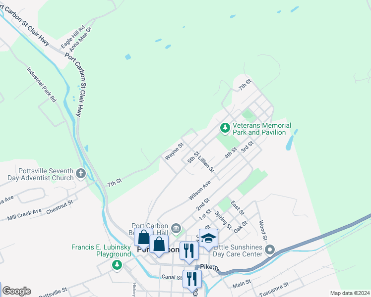 map of restaurants, bars, coffee shops, grocery stores, and more near 6th Street in Port Carbon