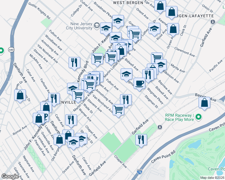 map of restaurants, bars, coffee shops, grocery stores, and more near 118-120 Woodlawn Avenue in Jersey City