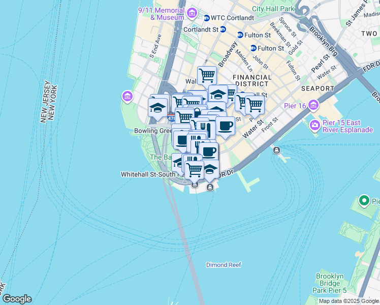 map of restaurants, bars, coffee shops, grocery stores, and more near 24 Whitehall Street in New York