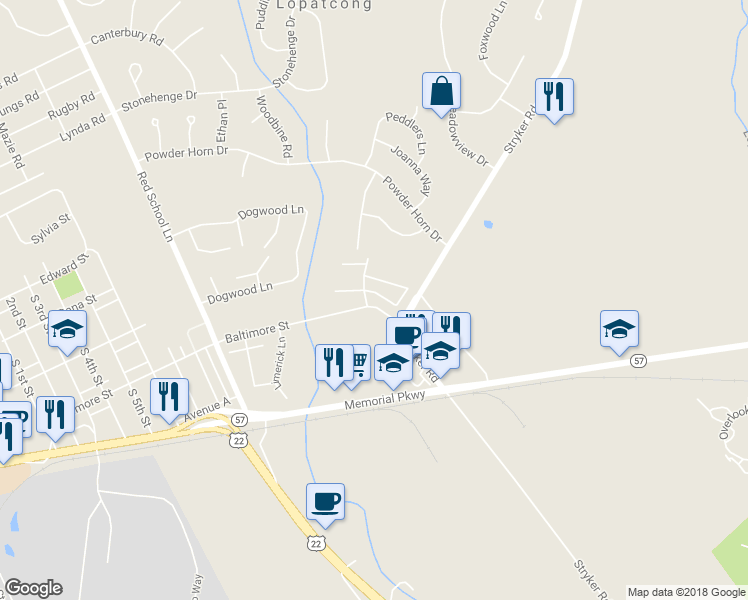 map of restaurants, bars, coffee shops, grocery stores, and more near 446 Lenape Lane in Phillipsburg