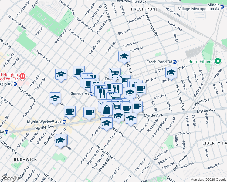 map of restaurants, bars, coffee shops, grocery stores, and more near 18-64 Madison Street in Queens