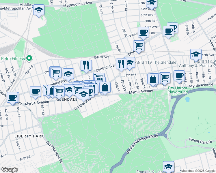 map of restaurants, bars, coffee shops, grocery stores, and more near 72-23 72nd Street in Queens