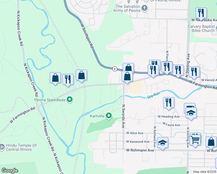 map of restaurants, bars, coffee shops, grocery stores, and more near 1203 North Haven Court in Peoria