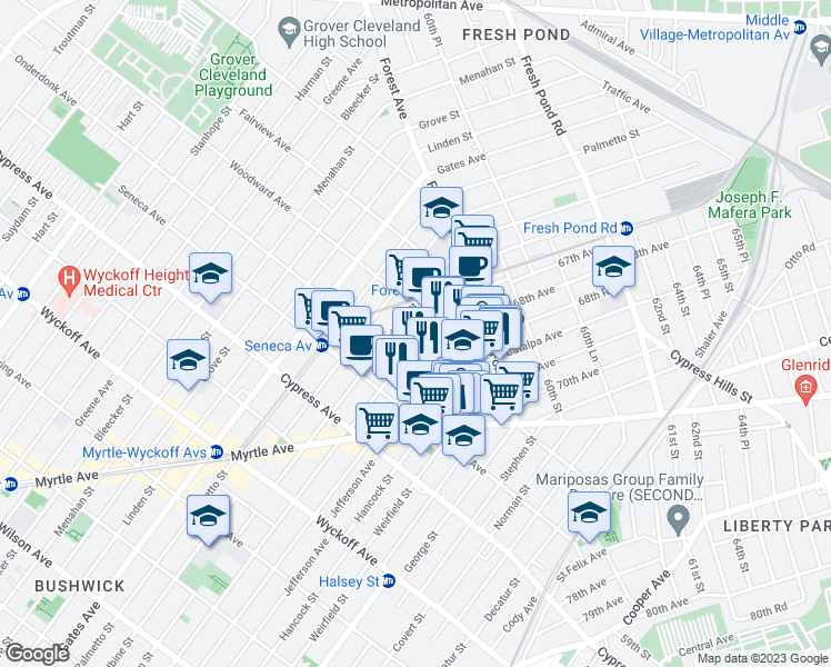 map of restaurants, bars, coffee shops, grocery stores, and more near 1869 Putnam Avenue in Queens