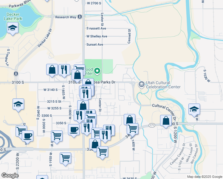 map of restaurants, bars, coffee shops, grocery stores, and more near 3141 Alsace Way in West Valley City