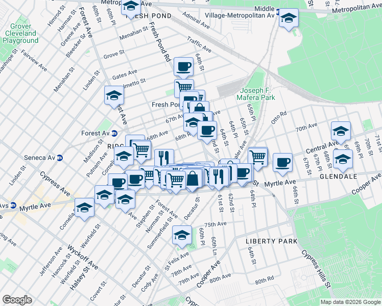 map of restaurants, bars, coffee shops, grocery stores, and more near 60-73 69th Avenue in Queens