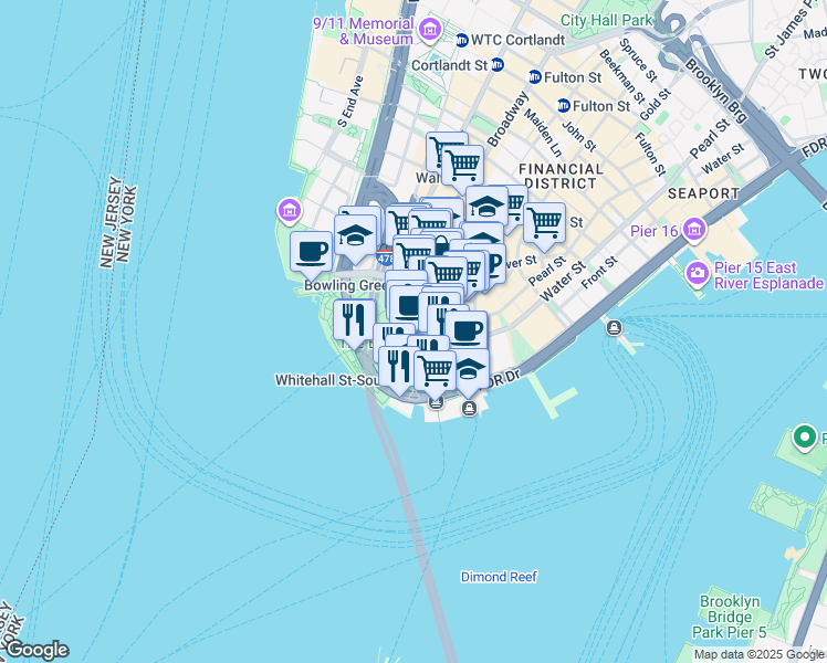 map of restaurants, bars, coffee shops, grocery stores, and more near 17 State Street in New York