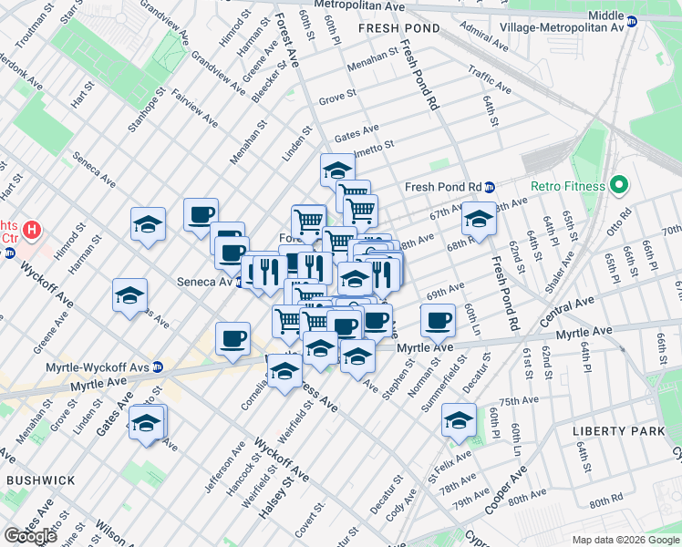 map of restaurants, bars, coffee shops, grocery stores, and more near 818 Woodward Avenue in Queens