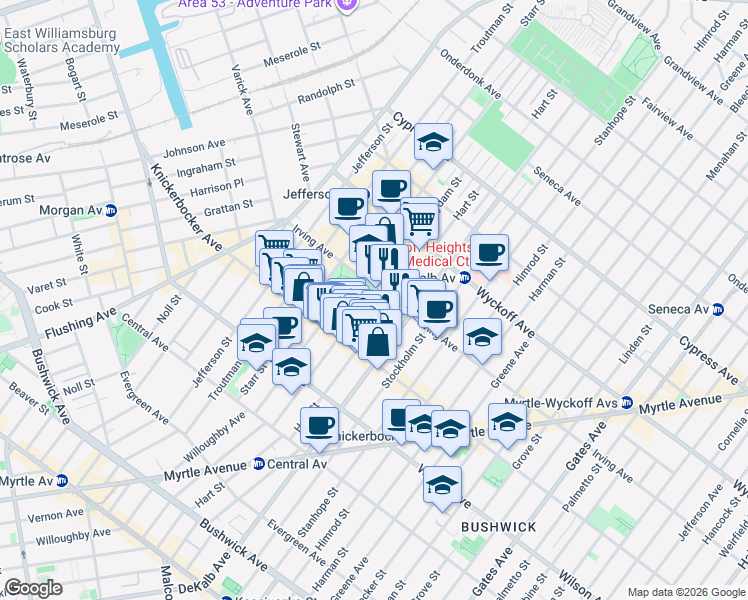 map of restaurants, bars, coffee shops, grocery stores, and more near 288 Suydam Street in Brooklyn