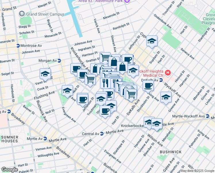 map of restaurants, bars, coffee shops, grocery stores, and more near 244 Knickerbocker Avenue in Brooklyn