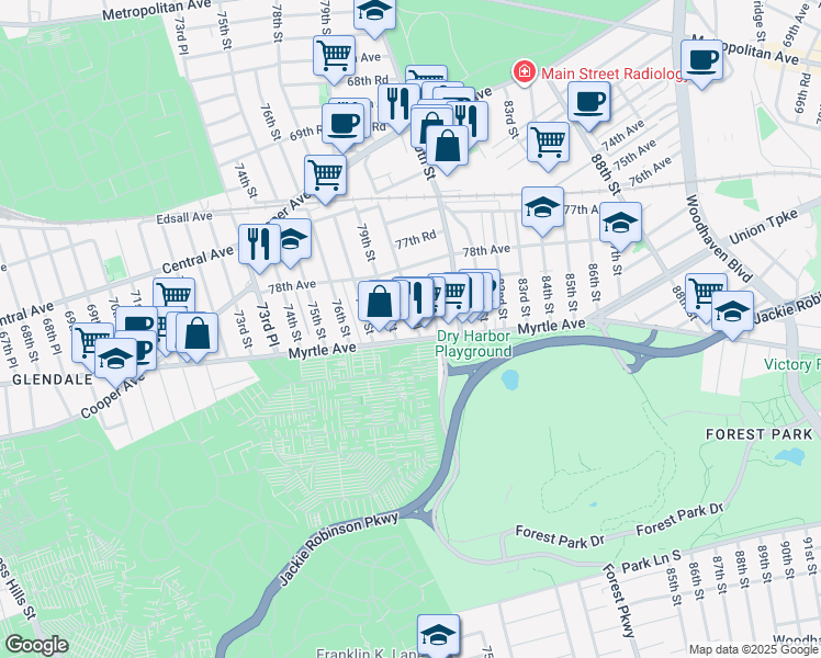 map of restaurants, bars, coffee shops, grocery stores, and more near 78-0 Myrtle Avenue in Queens