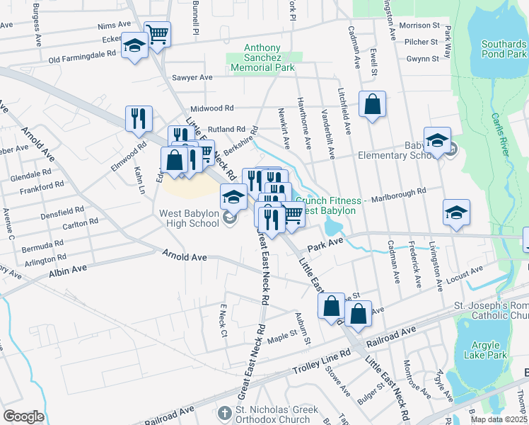 map of restaurants, bars, coffee shops, grocery stores, and more near 372 Little East Neck Road in West Babylon