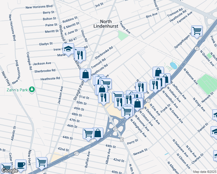 map of restaurants, bars, coffee shops, grocery stores, and more near 1020 North Broome Avenue in Lindenhurst