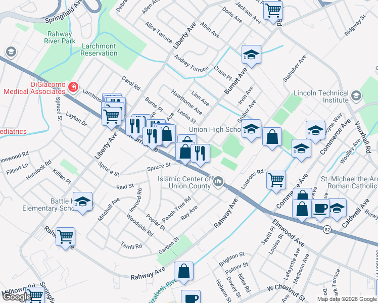 map of restaurants, bars, coffee shops, grocery stores, and more near 2444 Morris Avenue in Union