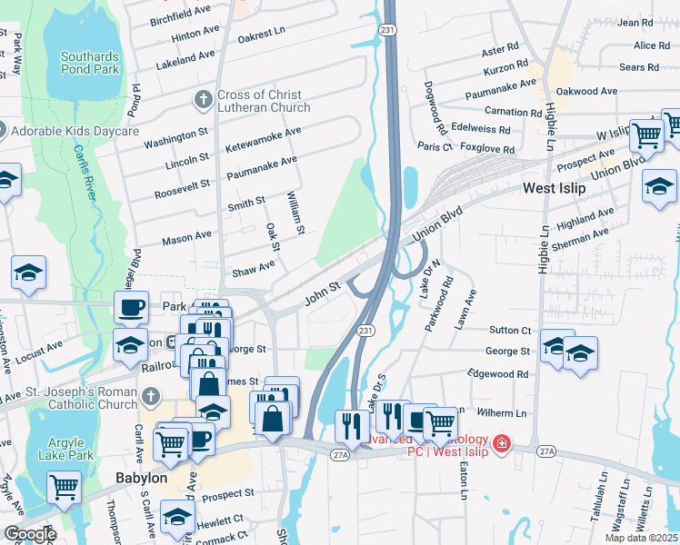 map of restaurants, bars, coffee shops, grocery stores, and more near 73 Union Boulevard in Babylon
