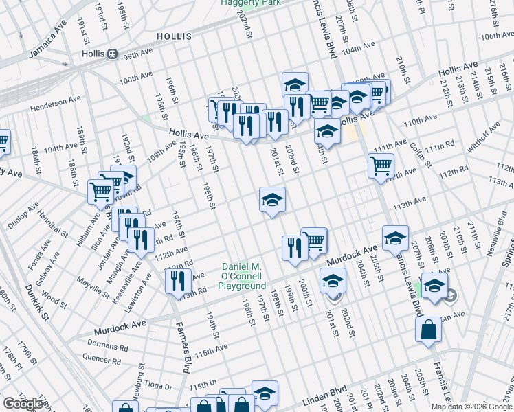map of restaurants, bars, coffee shops, grocery stores, and more near 111-42 198th Street in Queens