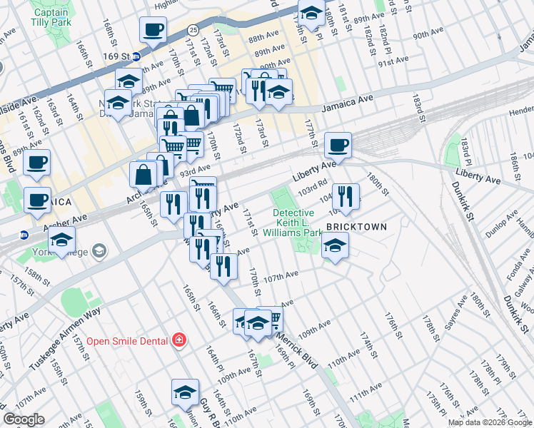 map of restaurants, bars, coffee shops, grocery stores, and more near 104-11 171st Street in Queens
