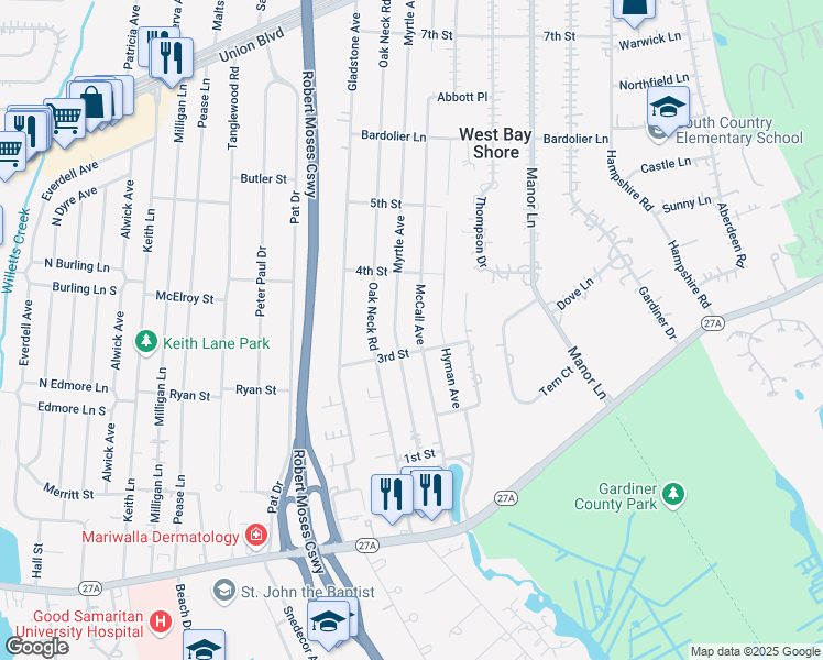 map of restaurants, bars, coffee shops, grocery stores, and more near 3 McCall Avenue in West Islip