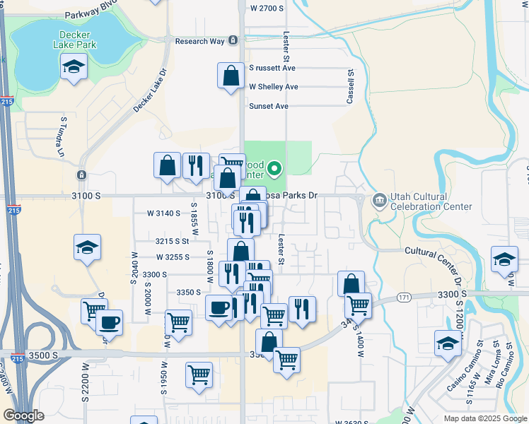 map of restaurants, bars, coffee shops, grocery stores, and more near 1645 Vivante Way in West Valley City