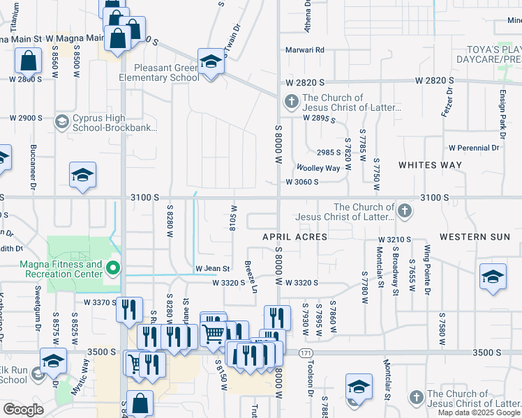 map of restaurants, bars, coffee shops, grocery stores, and more near 8046 Harker Canyon Drive in Magna