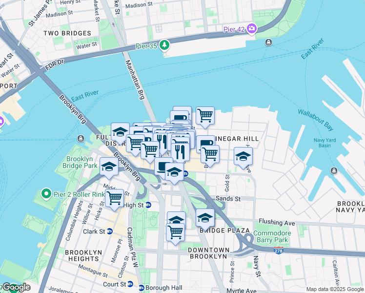 map of restaurants, bars, coffee shops, grocery stores, and more near 56 Jay Street in Brooklyn