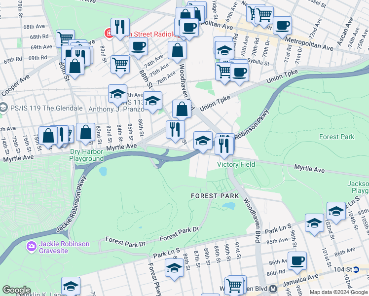 map of restaurants, bars, coffee shops, grocery stores, and more near 87-55 Myrtle Avenue in Queens