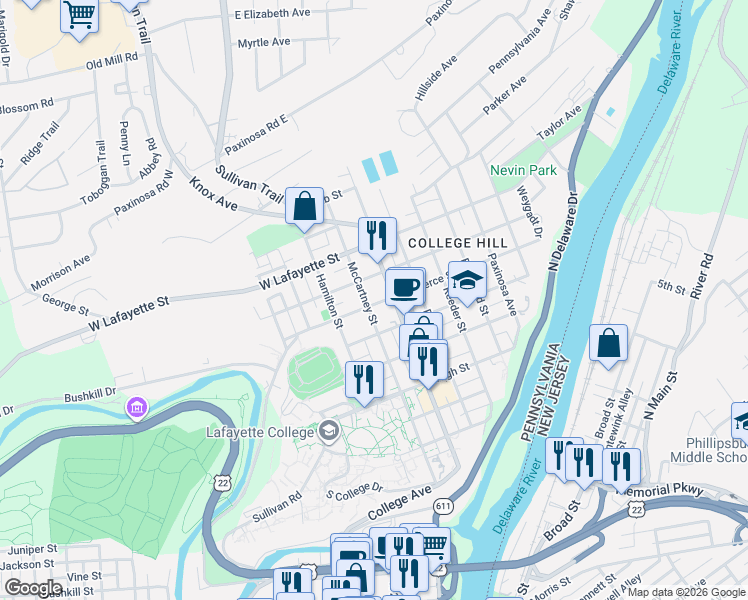map of restaurants, bars, coffee shops, grocery stores, and more near 514 McCartney Street in Easton