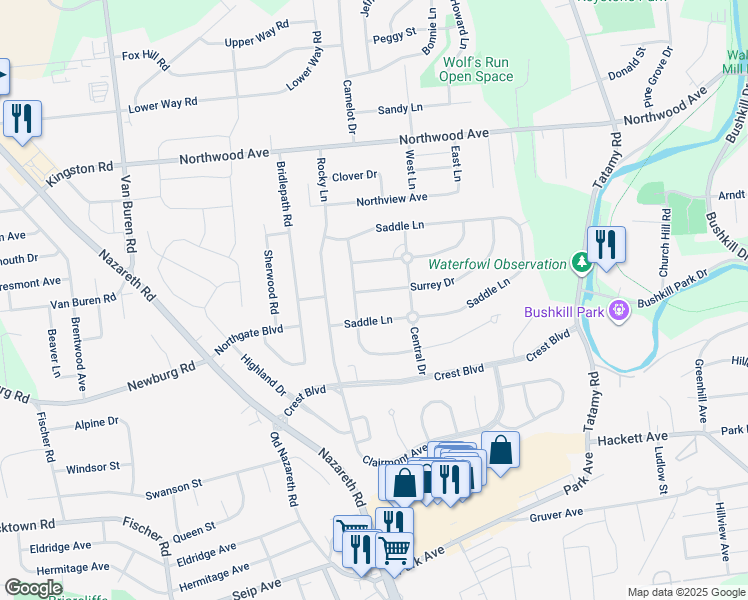 map of restaurants, bars, coffee shops, grocery stores, and more near 15 Surrey Dr in Easton
