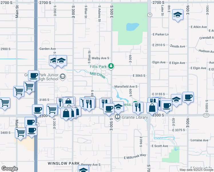 map of restaurants, bars, coffee shops, grocery stores, and more near 474 East Lambourne Avenue in South Salt Lake