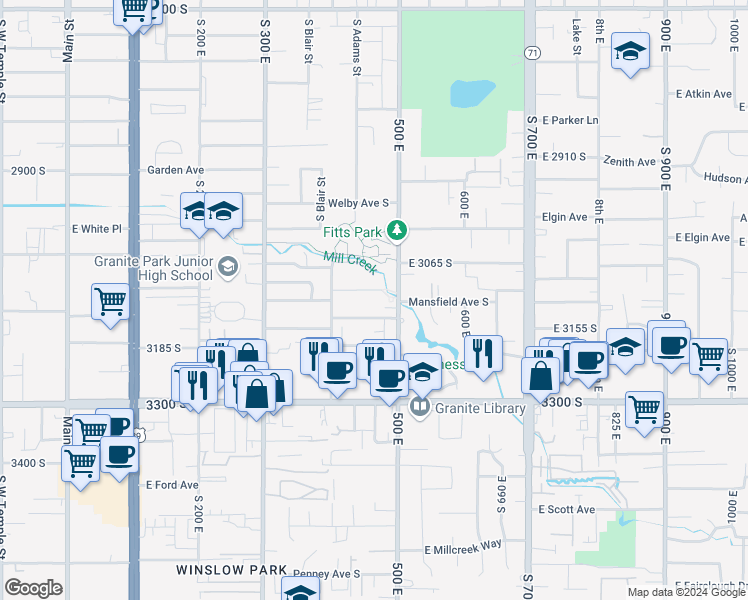 map of restaurants, bars, coffee shops, grocery stores, and more near 474 East Lambourne Avenue in South Salt Lake