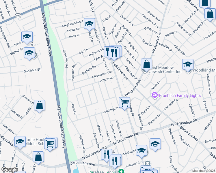 map of restaurants, bars, coffee shops, grocery stores, and more near 750 Fillmore Road in East Meadow
