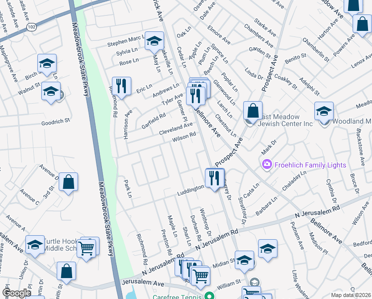 map of restaurants, bars, coffee shops, grocery stores, and more near 750 Fillmore Road in East Meadow