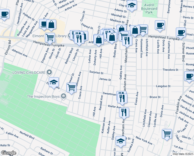 map of restaurants, bars, coffee shops, grocery stores, and more near 221 Hill Avenue in Elmont