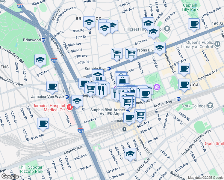 map of restaurants, bars, coffee shops, grocery stores, and more near 89-24 145th Street in Queens