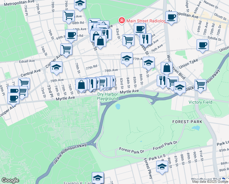 map of restaurants, bars, coffee shops, grocery stores, and more near in Queens