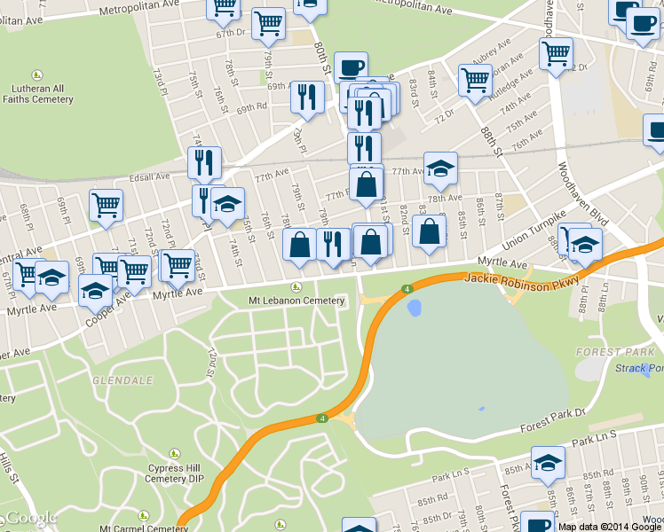 map of restaurants, bars, coffee shops, grocery stores, and more near 78-0 Myrtle Avenue in Queens