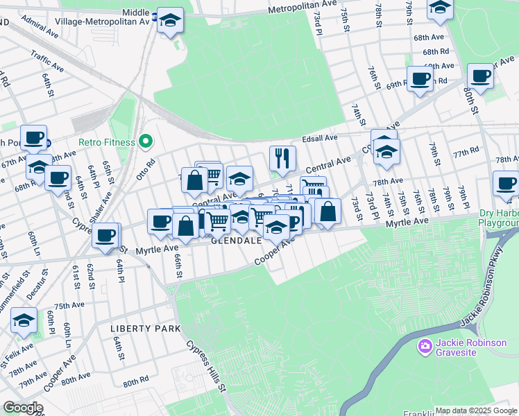 map of restaurants, bars, coffee shops, grocery stores, and more near 71-58 69th Place in Queens