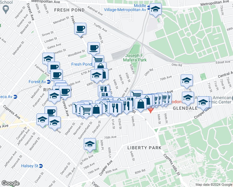 map of restaurants, bars, coffee shops, grocery stores, and more near 70-25 Cypress Hills Street in Queens