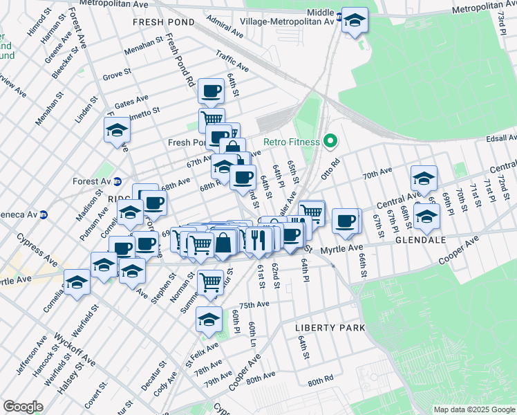 map of restaurants, bars, coffee shops, grocery stores, and more near 70-12 Cypress Hills Street in Queens