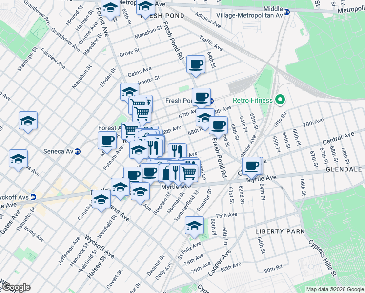 map of restaurants, bars, coffee shops, grocery stores, and more near 60-07 69th Avenue in Queens