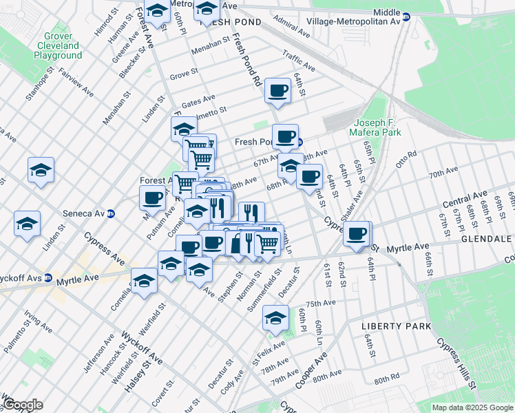 map of restaurants, bars, coffee shops, grocery stores, and more near 60-07 69th Avenue in Queens