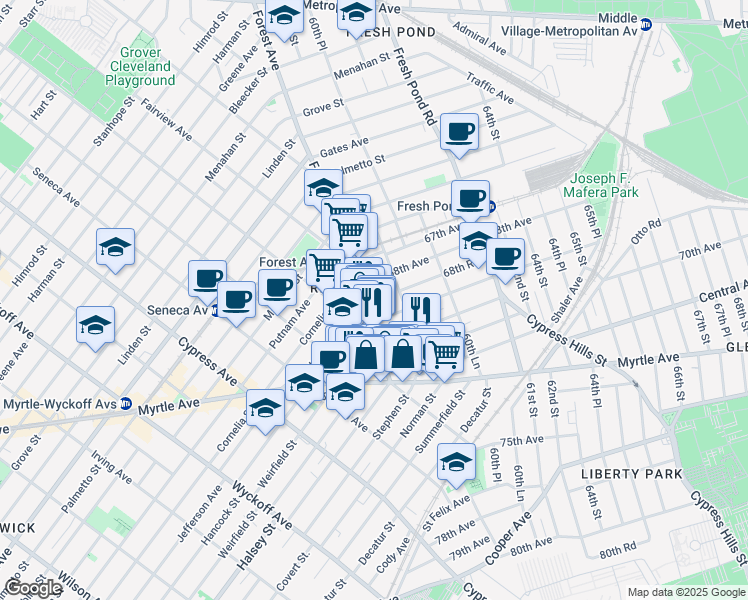map of restaurants, bars, coffee shops, grocery stores, and more near 68-59 Forest Avenue in Queens