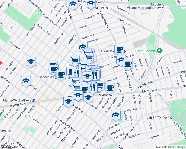 map of restaurants, bars, coffee shops, grocery stores, and more near 870 Woodward Avenue in Queens