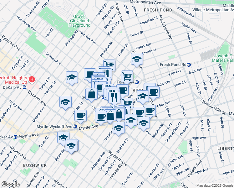 map of restaurants, bars, coffee shops, grocery stores, and more near 18-14 Woodbine Street in Queens