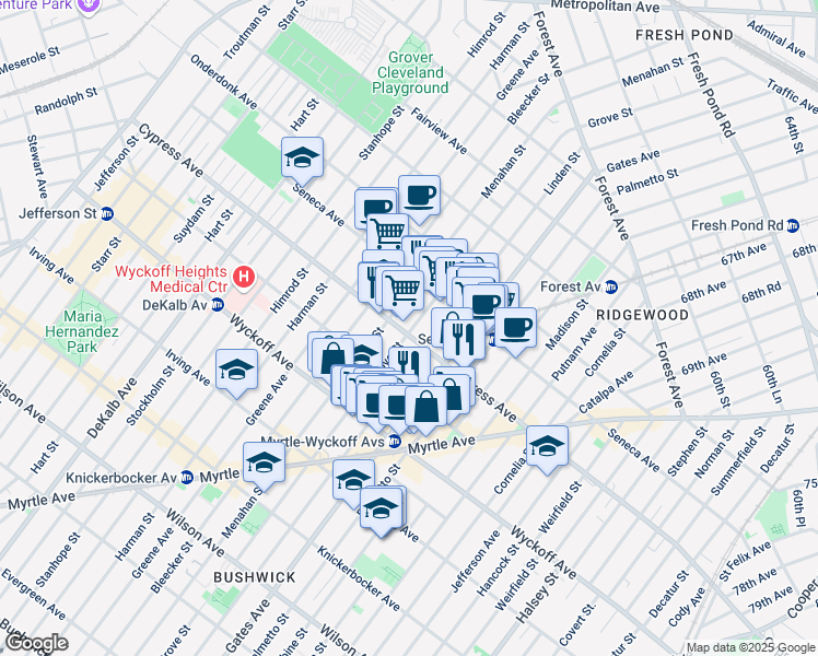map of restaurants, bars, coffee shops, grocery stores, and more near 16-82 Grove Street in Queens