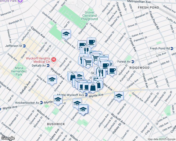 map of restaurants, bars, coffee shops, grocery stores, and more near 16-82 Grove Street in Queens