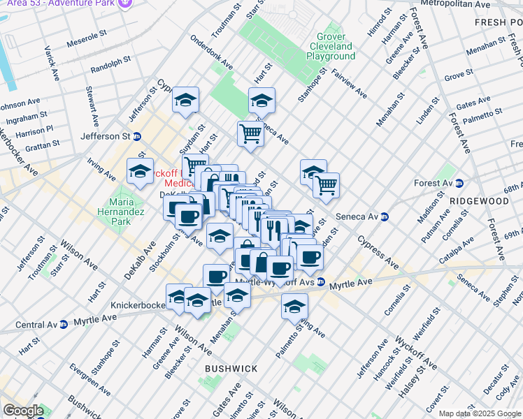 map of restaurants, bars, coffee shops, grocery stores, and more near 1455 Greene Avenue in Brooklyn