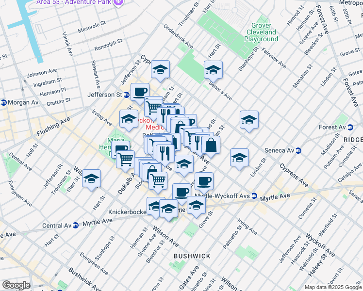 map of restaurants, bars, coffee shops, grocery stores, and more near 300 Stanhope Street in Brooklyn