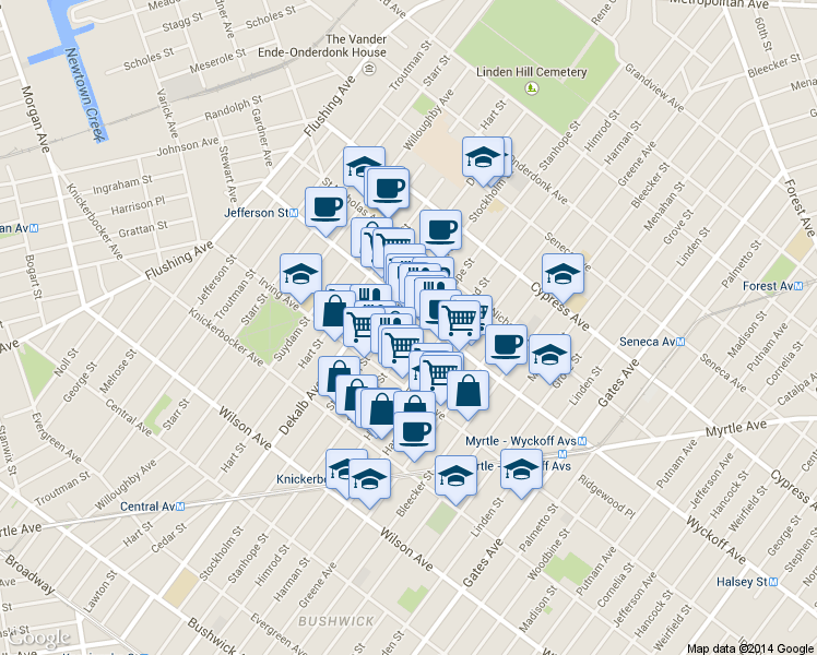 map of restaurants, bars, coffee shops, grocery stores, and more near 300 Stanhope Street in Brooklyn