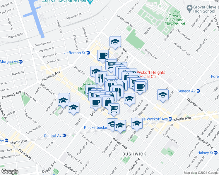 map of restaurants, bars, coffee shops, grocery stores, and more near 281 Stockholm Street in Brooklyn